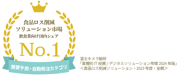 食品ロス削減ソリューション市場飲食店向け国内シェア※No1 需要予測・自動発注カテゴリ